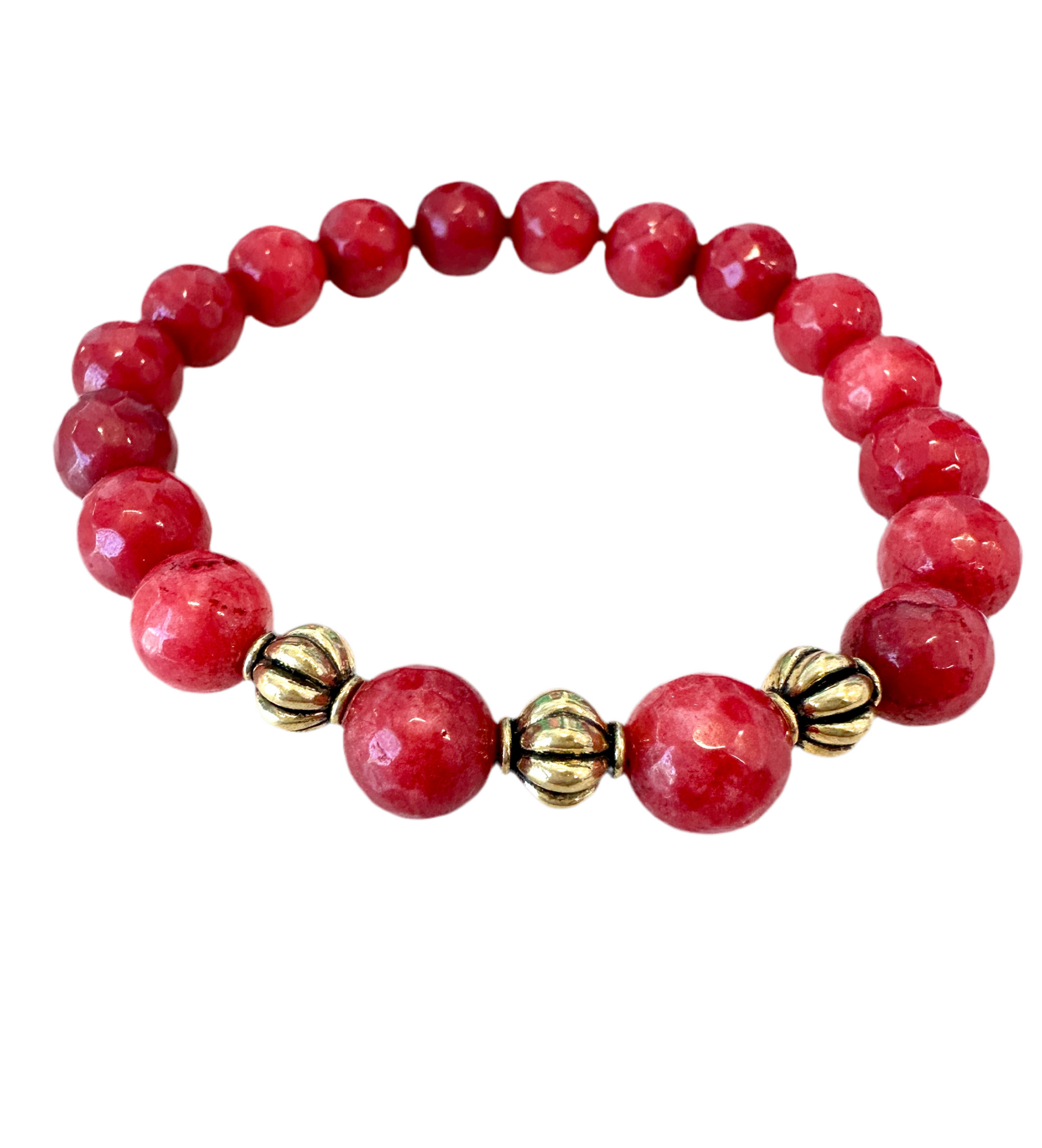 This Red Jade Beaded Gemstone Stretchy Bracelet is handmade and includes three spacers for enhanced visual appeal - making it the ideal present for friends and family.