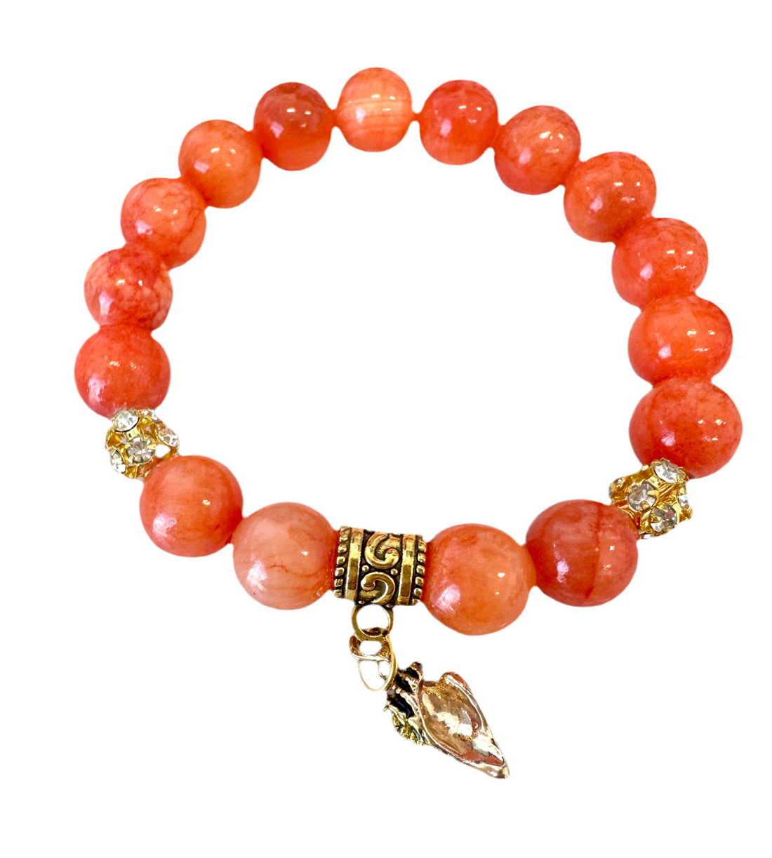 Orange Jade Beaded Gemstones Stretch Bracelet with a Sea Shell