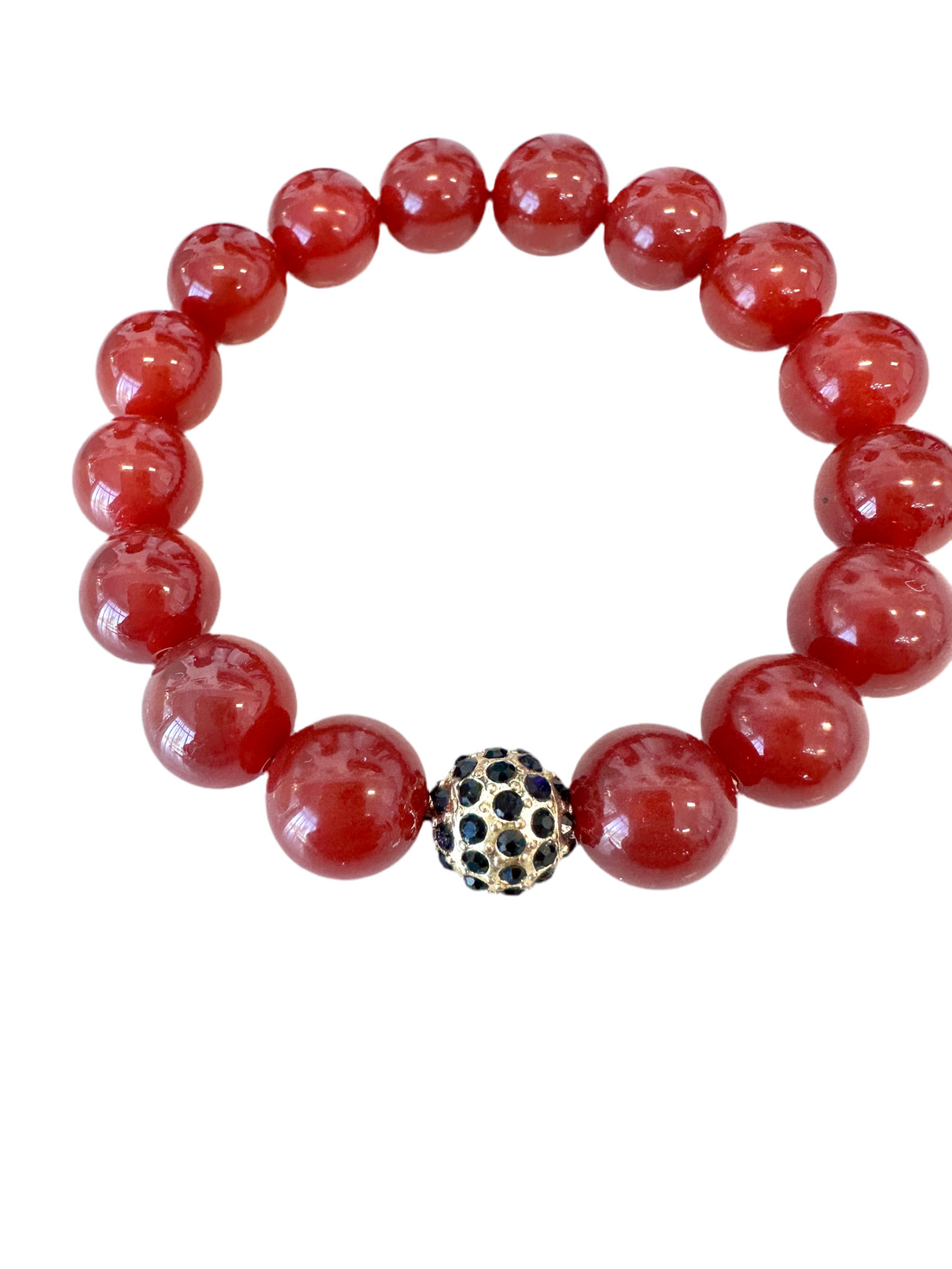 This 12M stretch bracelet is crafted with Red Onyx Agate Beads, cubic zirconia balls, and rhinestone spacers- a lovely combination fit for gifting to friends and family.