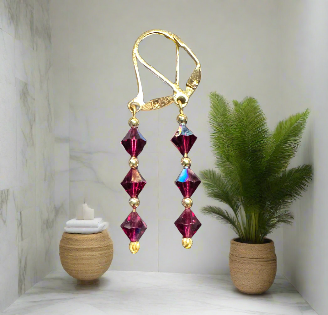 Swarovski  Crystal Ruby Dangle Earring, 14K Gold Plated Earring, Birthstone Gift Earring, Dangling Ruby Earring, Daily Earring, Gift Earring. - Creations by Rosa