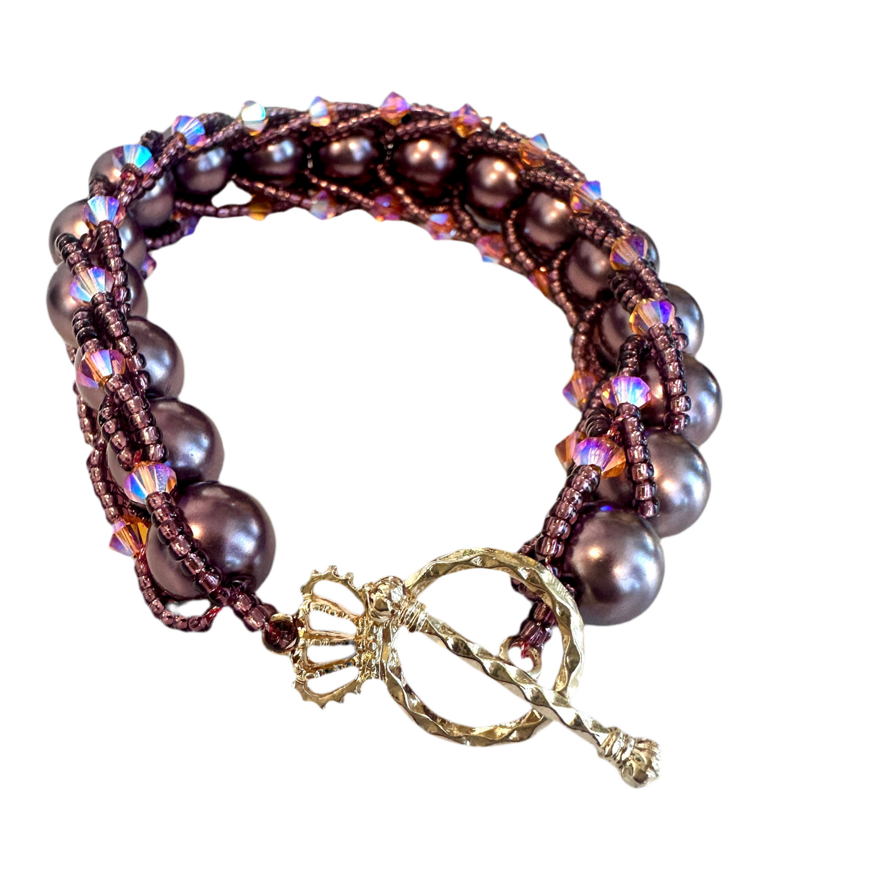 Flat-spiral bracelet with faux pearls and Miyuki seed beads bracelet with the toggle clasp