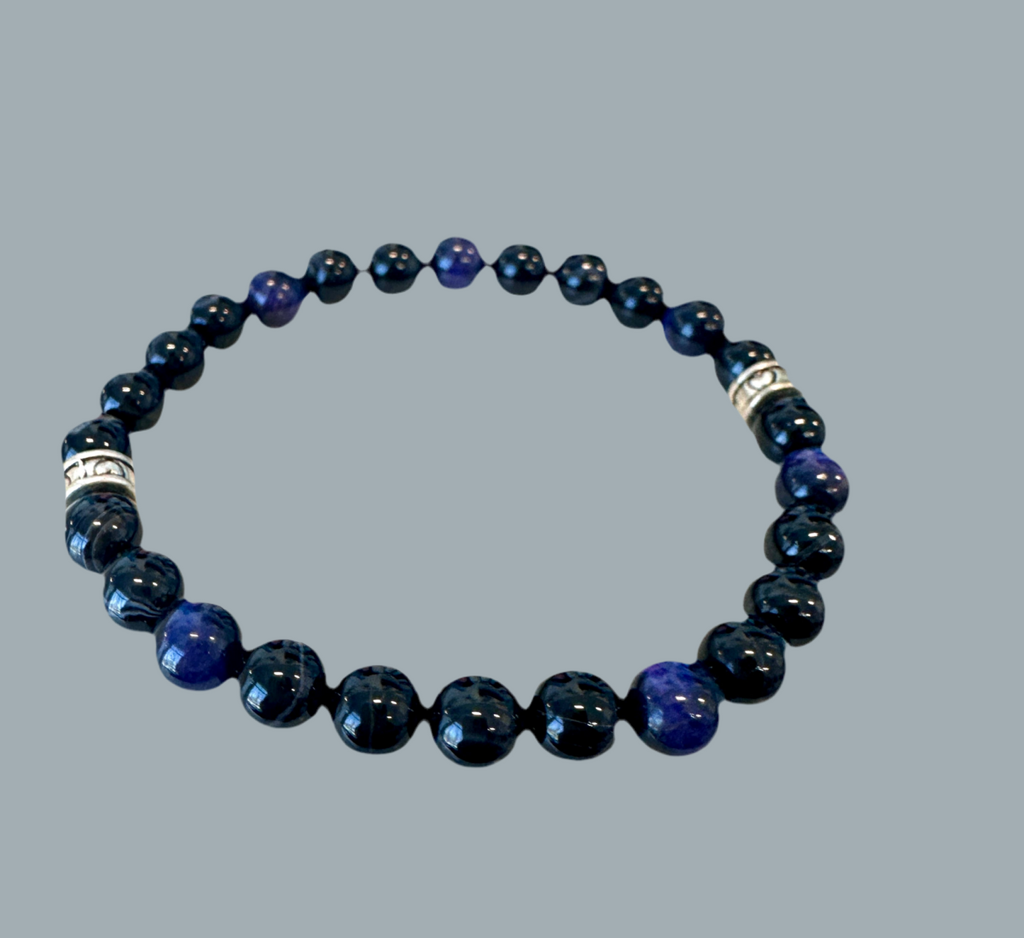 stretch bracelet features raw Black Chalcedony and Tigers Eye beads. - Creations by Rosa