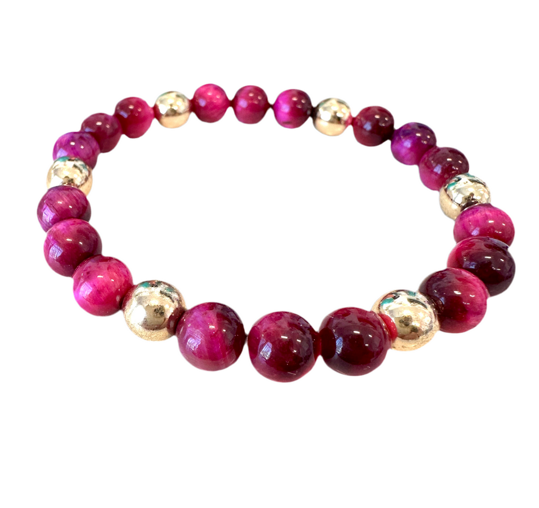 Pink Tigers  Eye handmade beaded Stretch bracelet, with  gold plated beads.