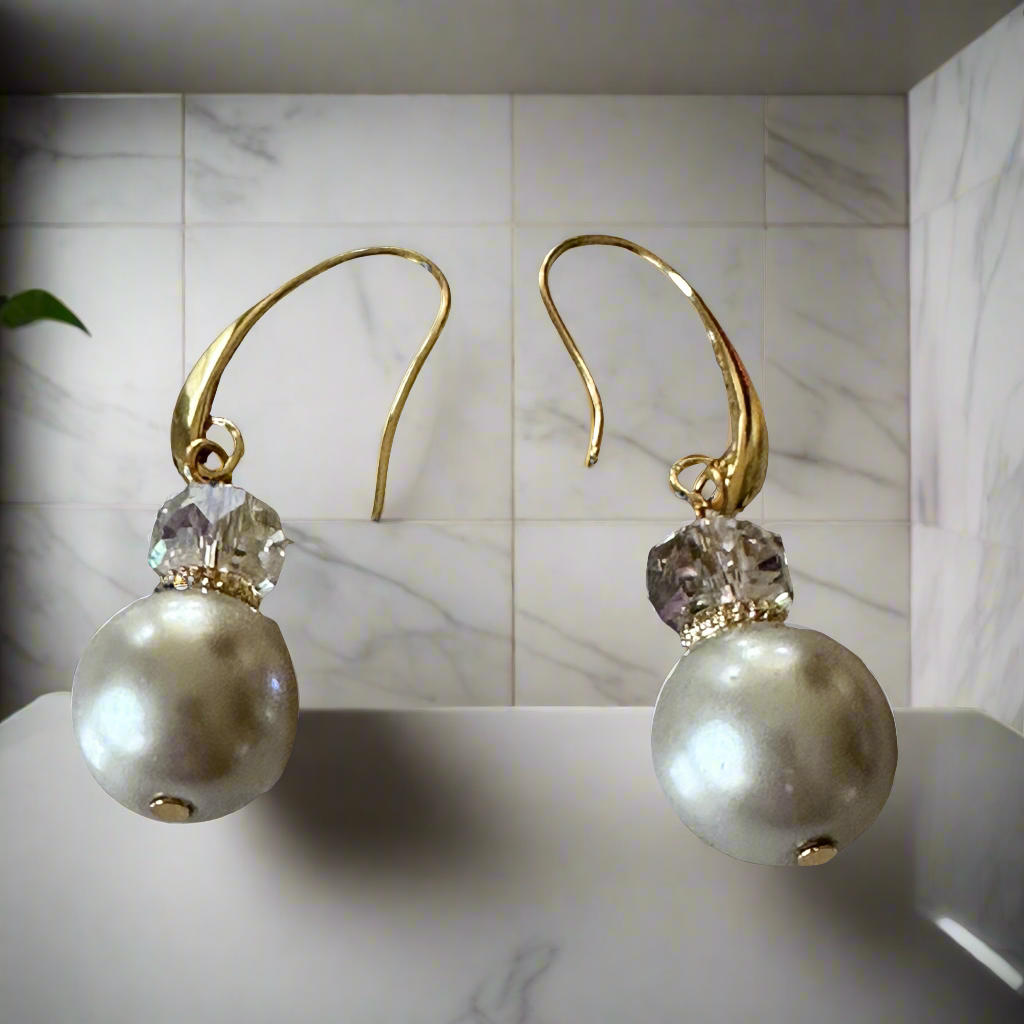 Pearls Faux Dangle Earrings Drop 14K Gold plated, handmade.