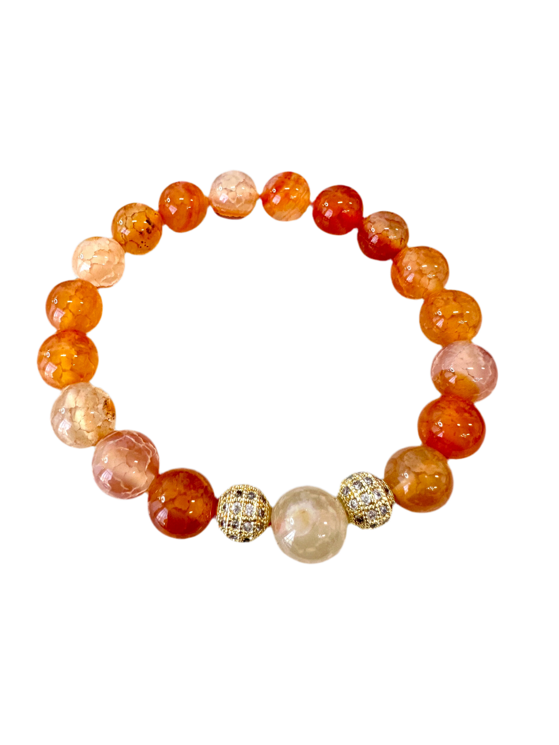 Fire Agate Stretch Beaded Bracelet is handmade with 10MM beads and shimmering gold spacers for a unique and detailed look. - Creations by Rosa