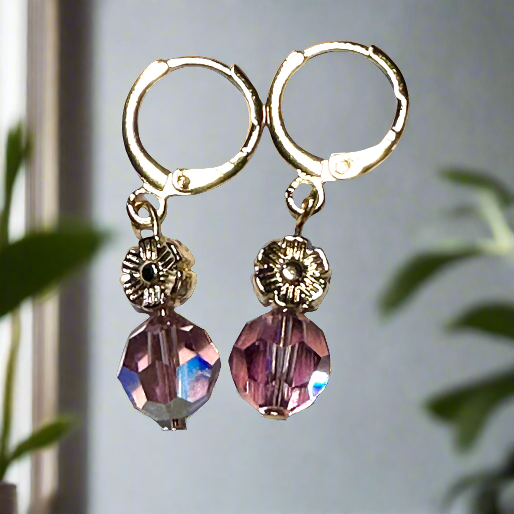 Faceted Round Light Amethysts(AB)8mm Swarovski Crystal Earrings.