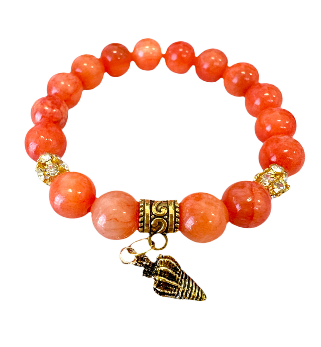 Orange Jade Beaded Gemstones Stretch Bracelet with a Sea Shell