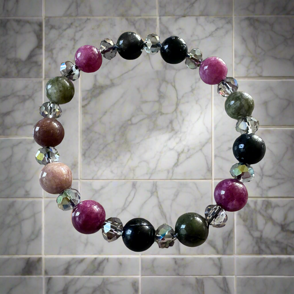 Tourmaline Jades with Crystal glass beads, stretch bracelet.