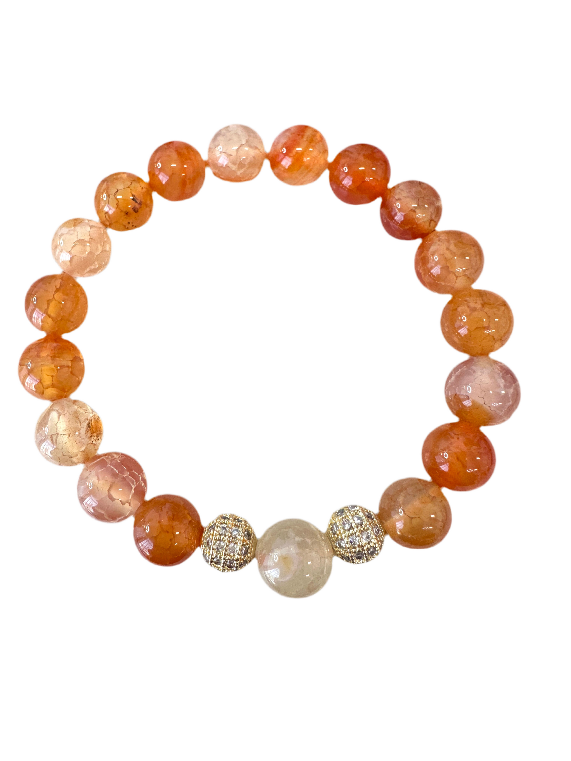 Fire Agate Stretch Beaded Bracelet is handmade with 10MM beads and shimmering gold spacers for a unique and detailed look. - Creations by Rosa