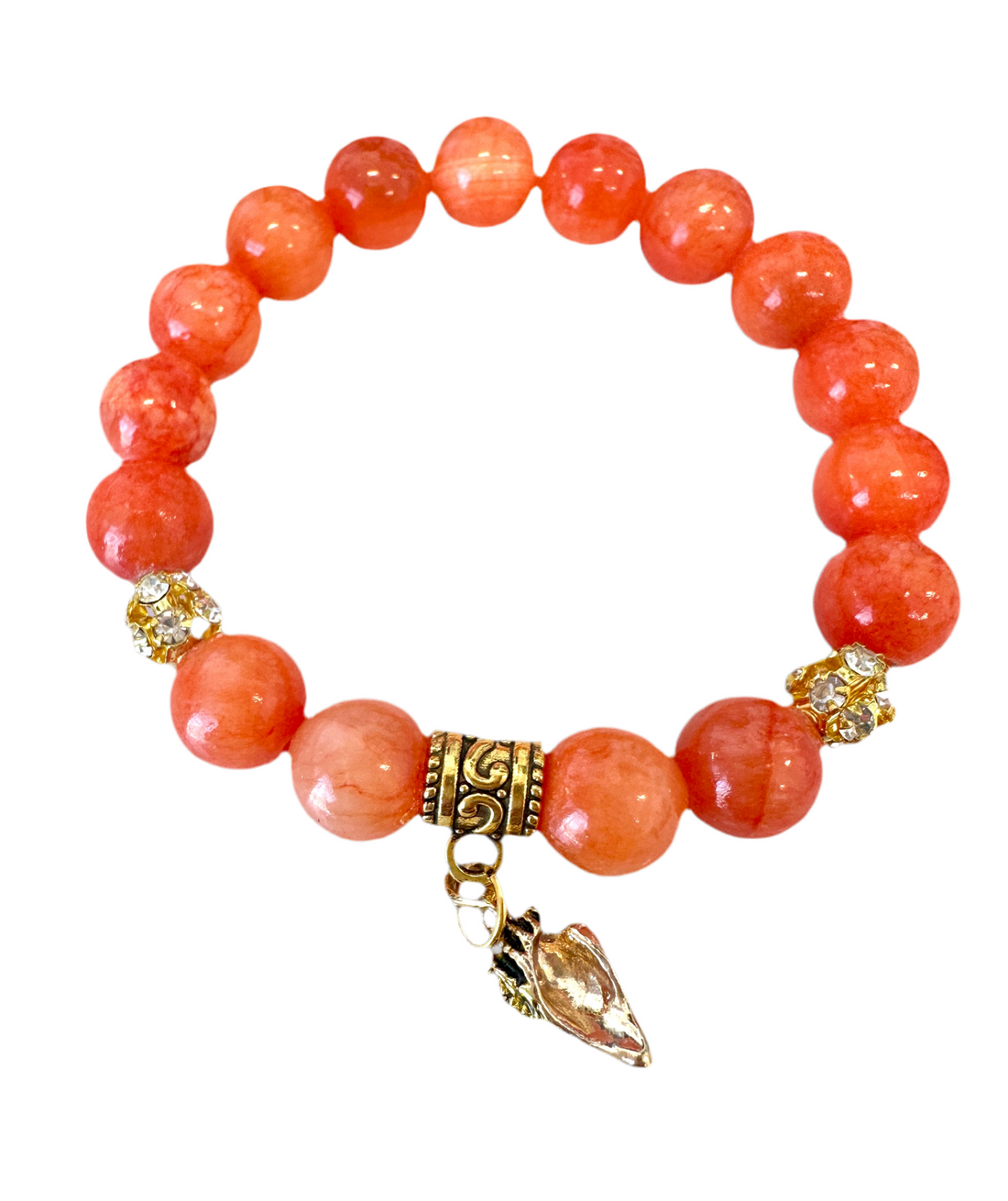 Orange Jade Beaded Gemstones Stretch Bracelet with a Sea Shell