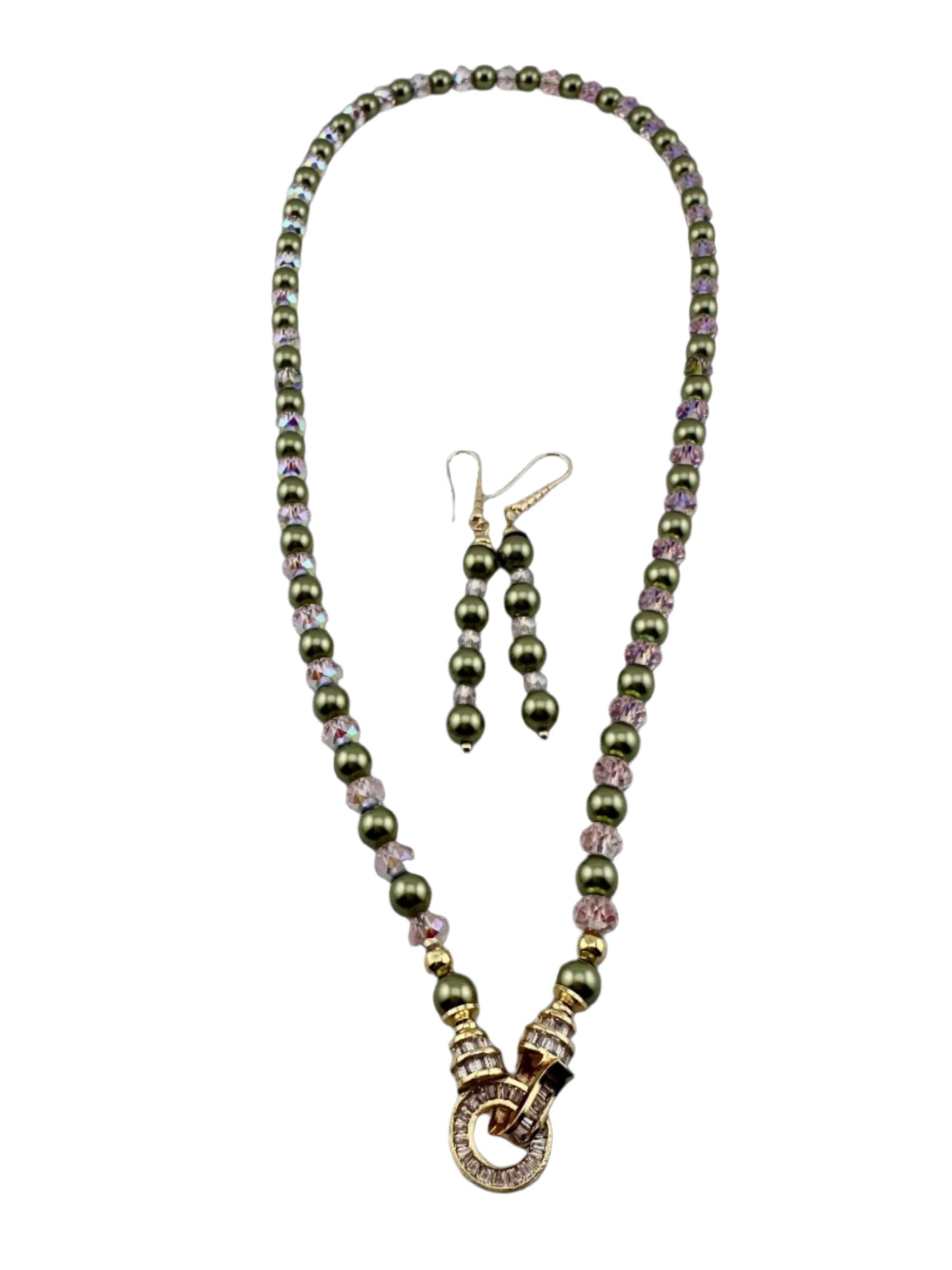 "Elegant Necklace and Earring Set with Light Green Swarovski Pearls & Sparkling Crystals"