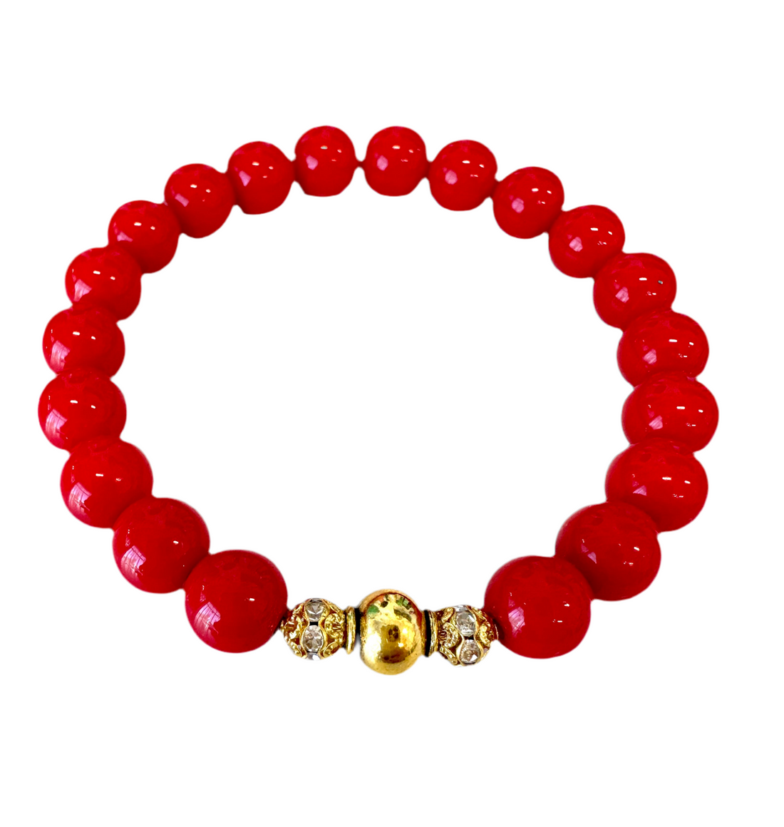 This high-quality Red Coral bracelet, designed with handmade stretches and gold and rondelle spacers, is an ideal present for anyone.