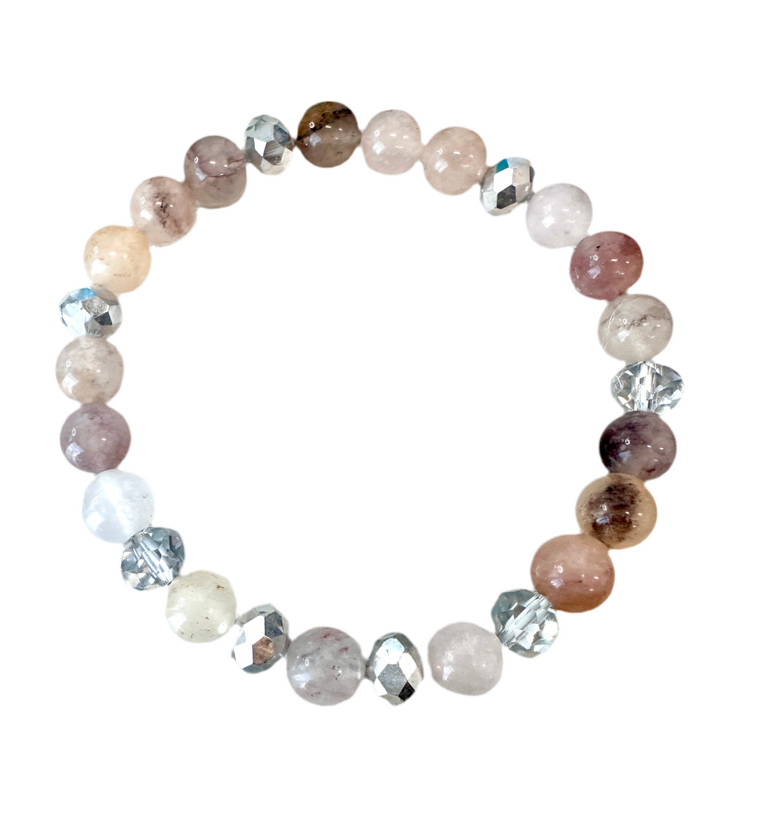 This delicate bracelet is handmade with a sterling silver HOPE pendant, 6 mm white silver rondelle Austrian crystal spacers, and 8 mm Morganite stretch beads.