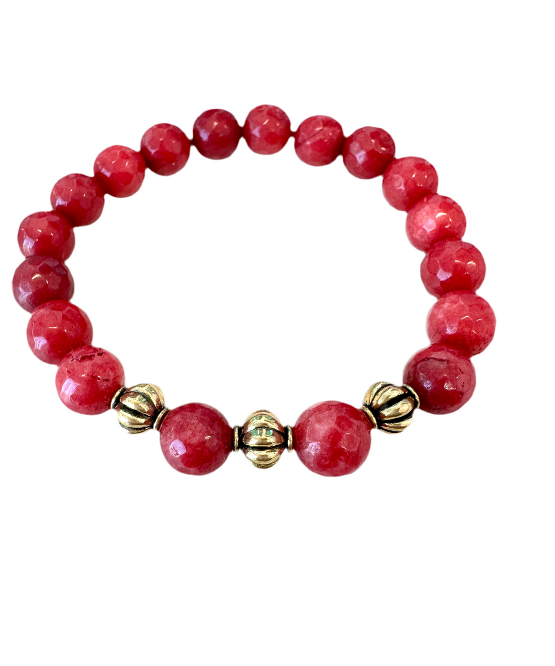 This Red Jade Beaded Gemstone Stretchy Bracelet is handmade and includes three spacers for enhanced visual appeal - making it the ideal present for friends and family.