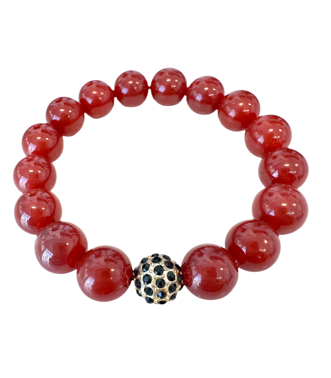 This 12M stretch bracelet is crafted with Red Onyx Agate Beads, cubic zirconia balls, and rhinestone spacers- a lovely combination fit for gifting to friends and family.