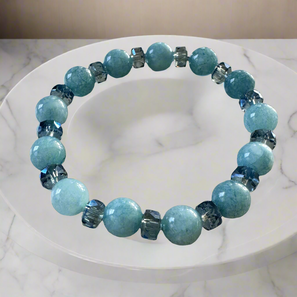 Blue Aquamarines Chalcedony with crystal glass spacers stretch bracelet