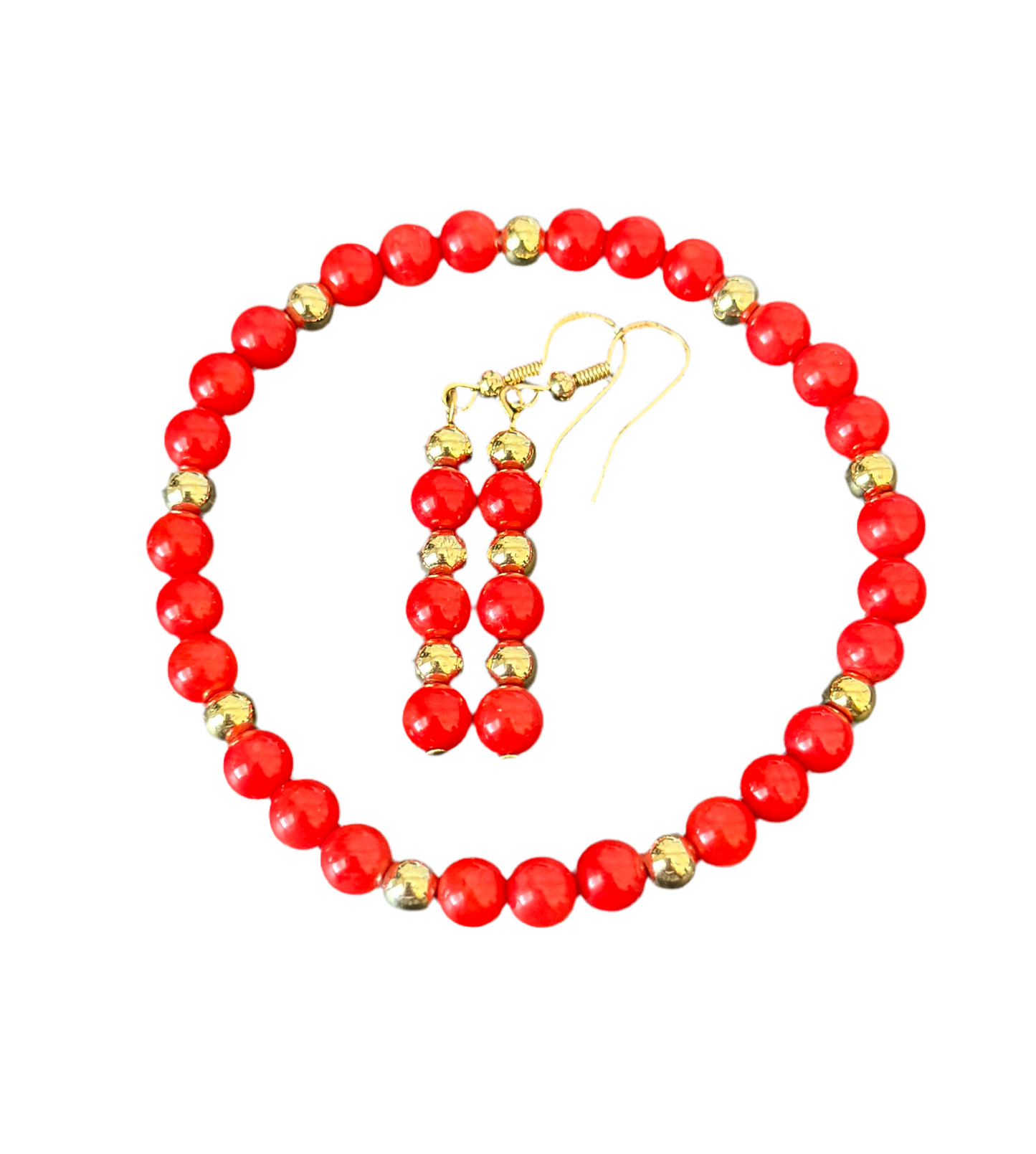 Red coral beads with 18 karat gold plated spaces stretch bracelet with earrings a set￼ - Creations by Rosa