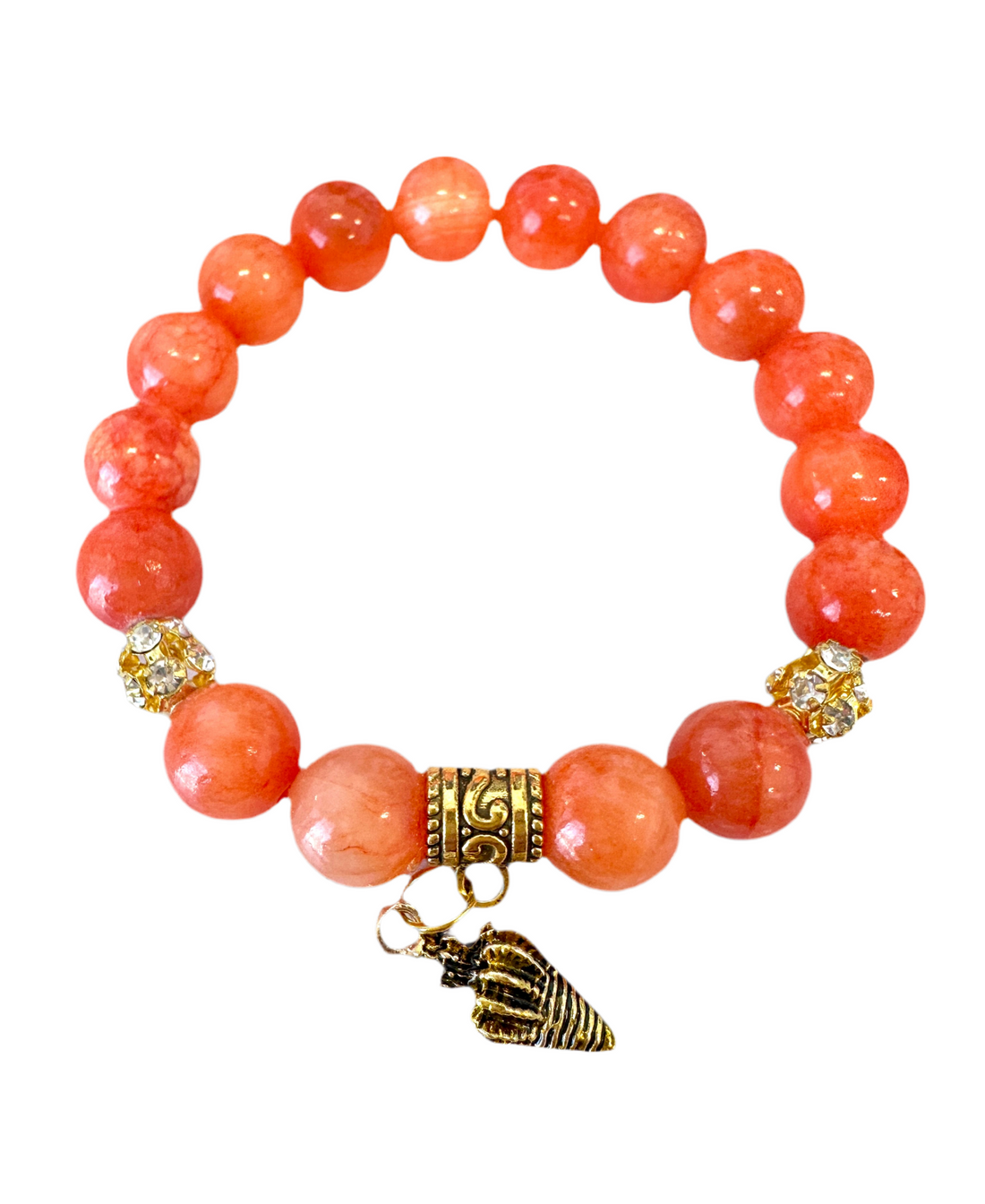 Orange Jade Beaded Gemstones Stretch Bracelet with a Sea Shell