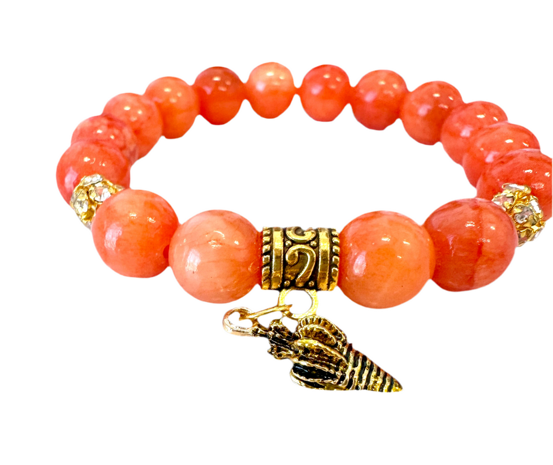 Orange Jade Beaded Gemstones Stretch Bracelet with a Sea Shell