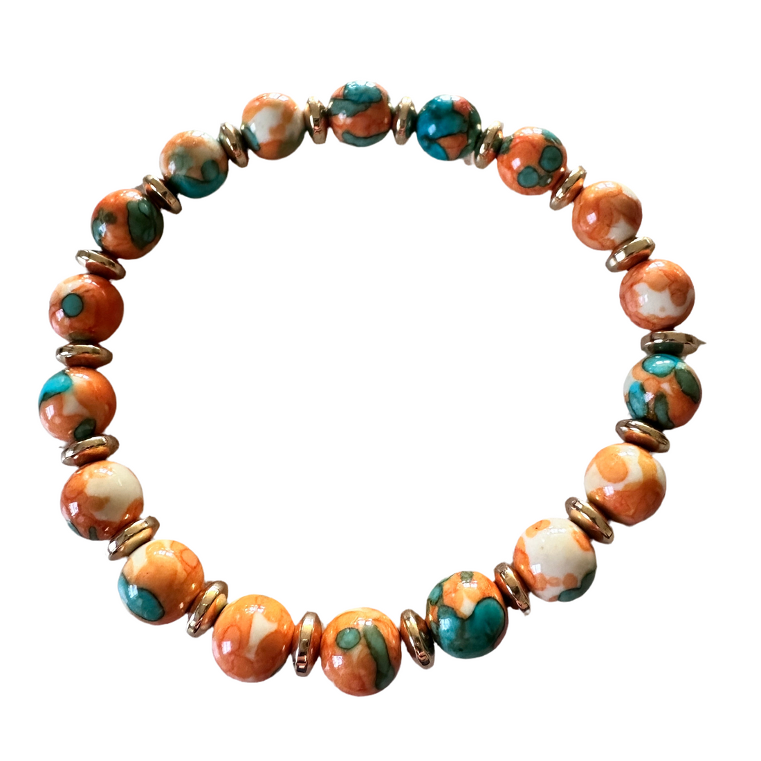 Orange Blue Dots with gold plated, spacers stretch bracelet