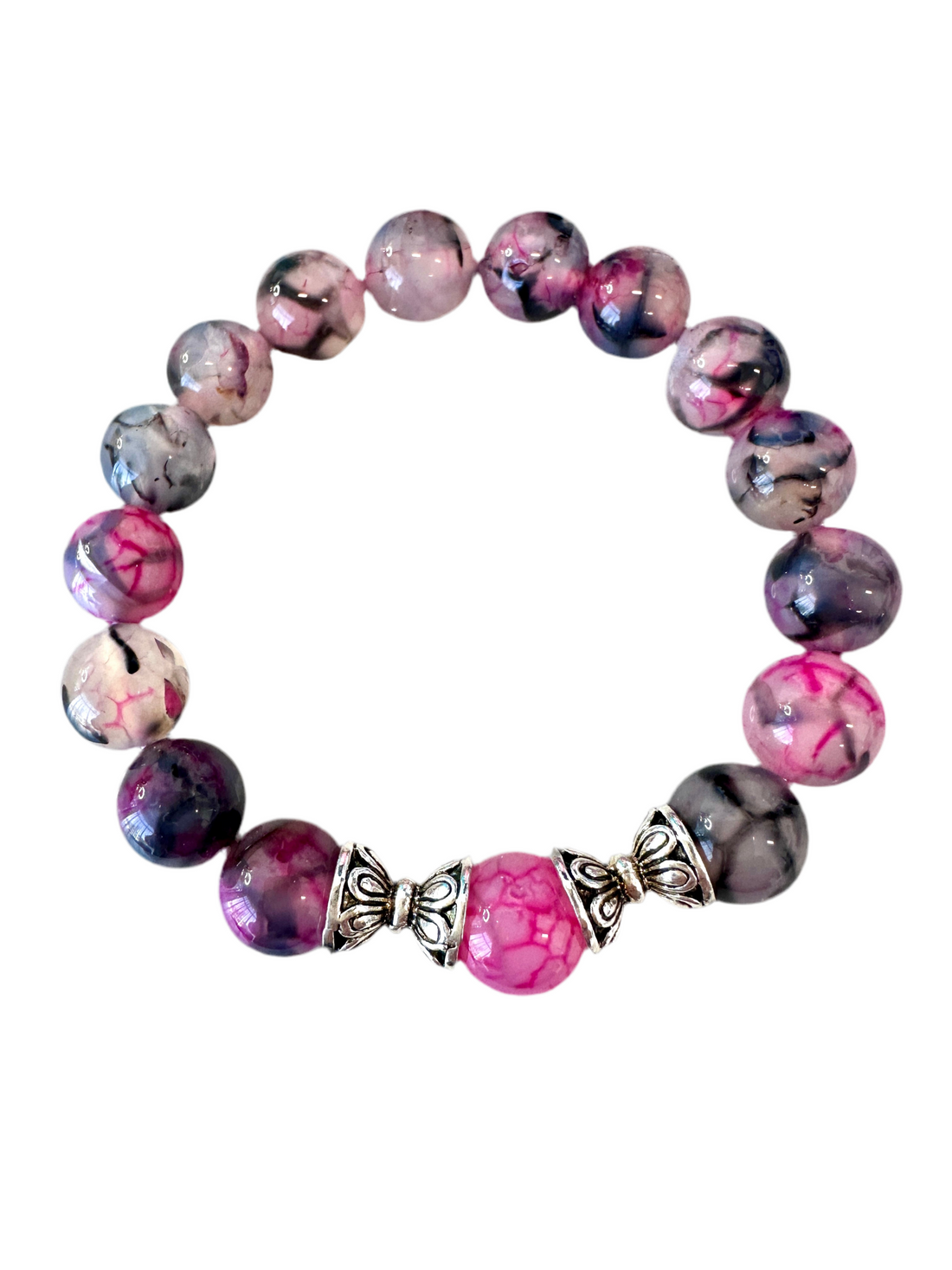 This handmade bracelet sports 10mm natural, high-grade beads, a secure stretchy cord, and a central agate dragon vein stone, complemented by two silver spacers.