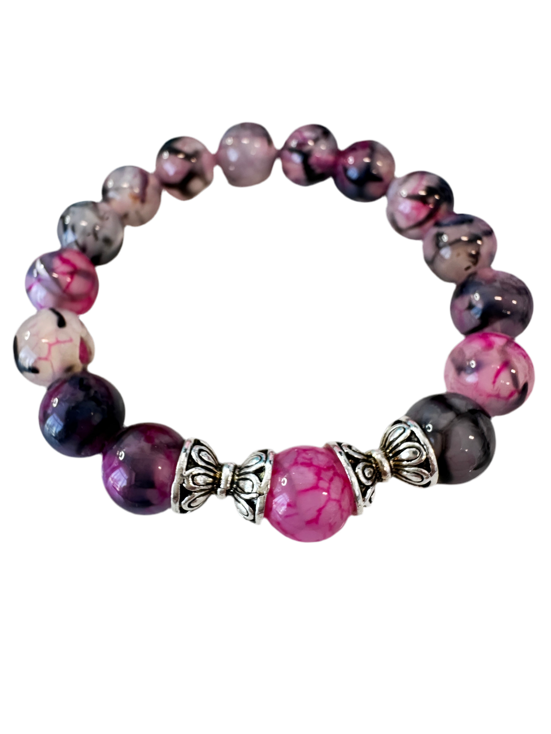 This handmade bracelet sports 10mm natural, high-grade beads, a secure stretchy cord, and a central agate dragon vein stone, complemented by two silver spacers.