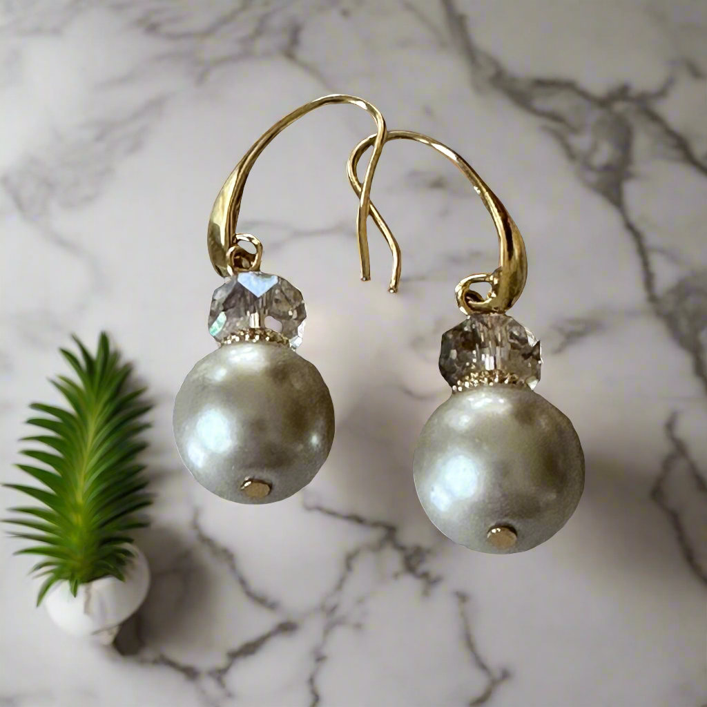 Pearls Faux Dangle Earrings Drop 14K Gold plated, handmade.