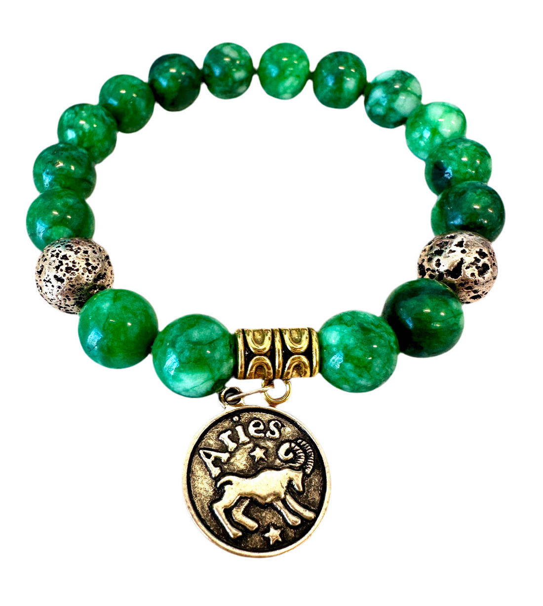 This elegant bracelet is crafted from natural Maw Sit Sit stone and features an ancient bronze volcanic rock bead, as well as a spacer with an Aries sign. An ideal accessory, this handmade piece of jewelry is sure to add a fashionable touch.