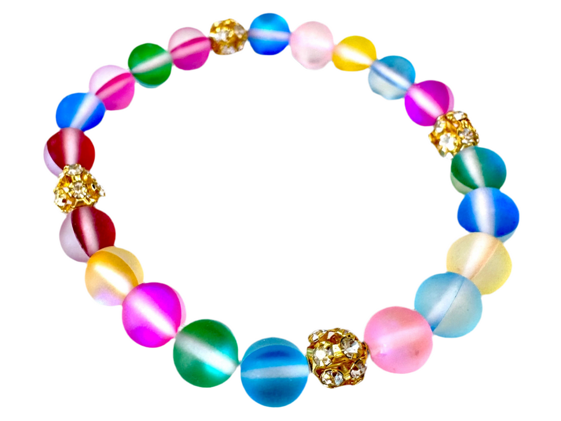 Matte Aurora Crystal Glass Beads stretch bracelet.