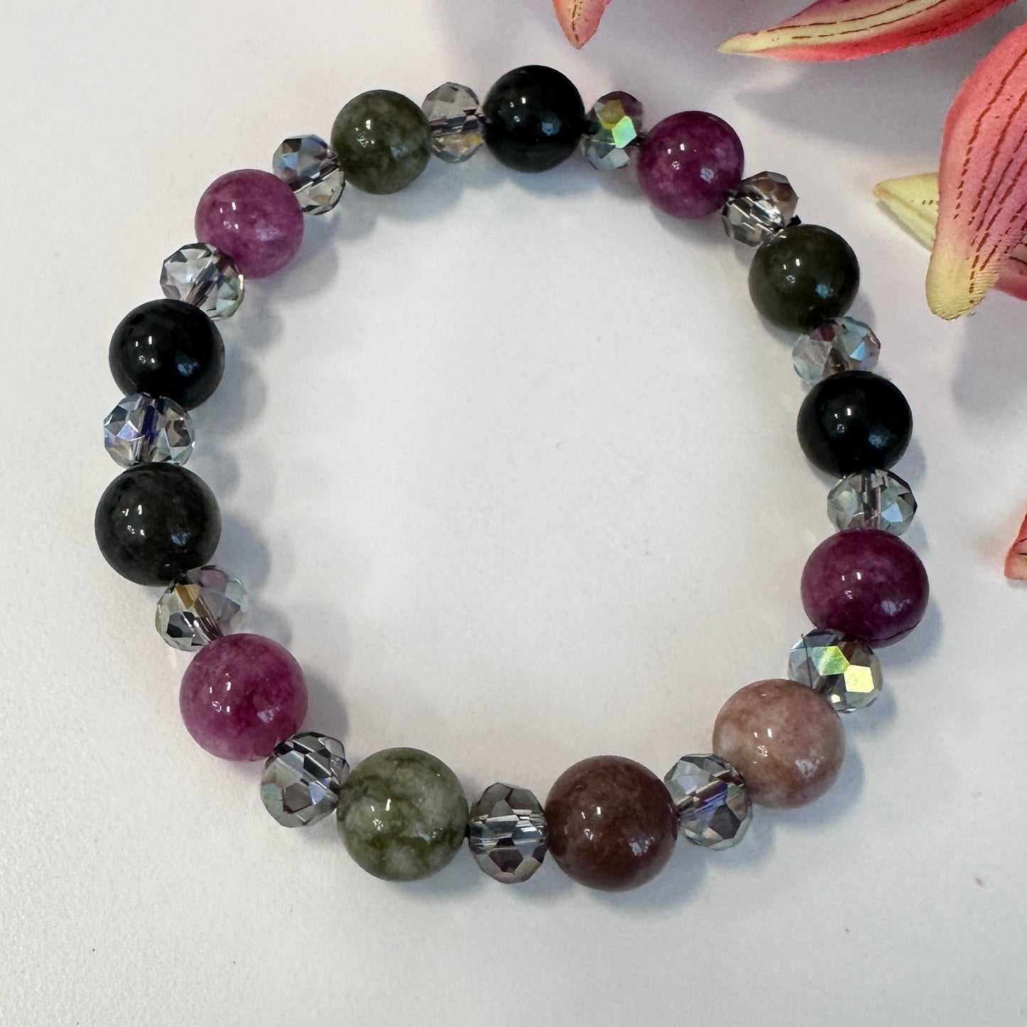 Tourmaline Jades with Crystal glass beads, stretch bracelet. - Creations by Rosa