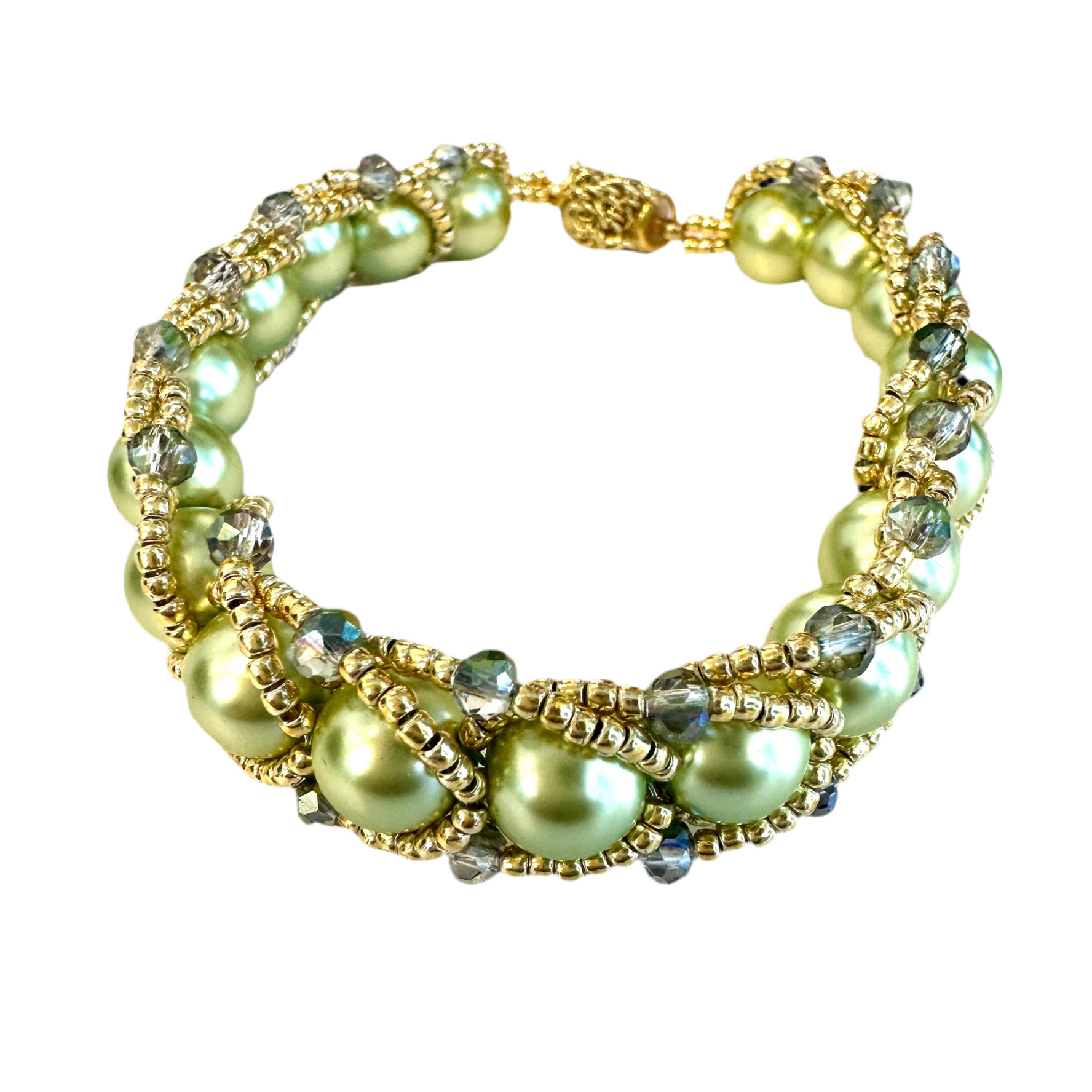 Flat-spiral bracelet with faux pearls and Miyuki seed beads bracelet with the magnetic clasp