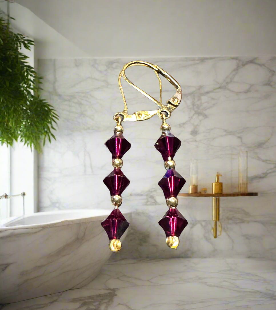 Swarovski  Crystal Ruby Dangle Earring, 14K Gold Plated Earring, Birthstone Gift Earring, Dangling Ruby Earring, Daily Earring, Gift Earring. - Creations by Rosa