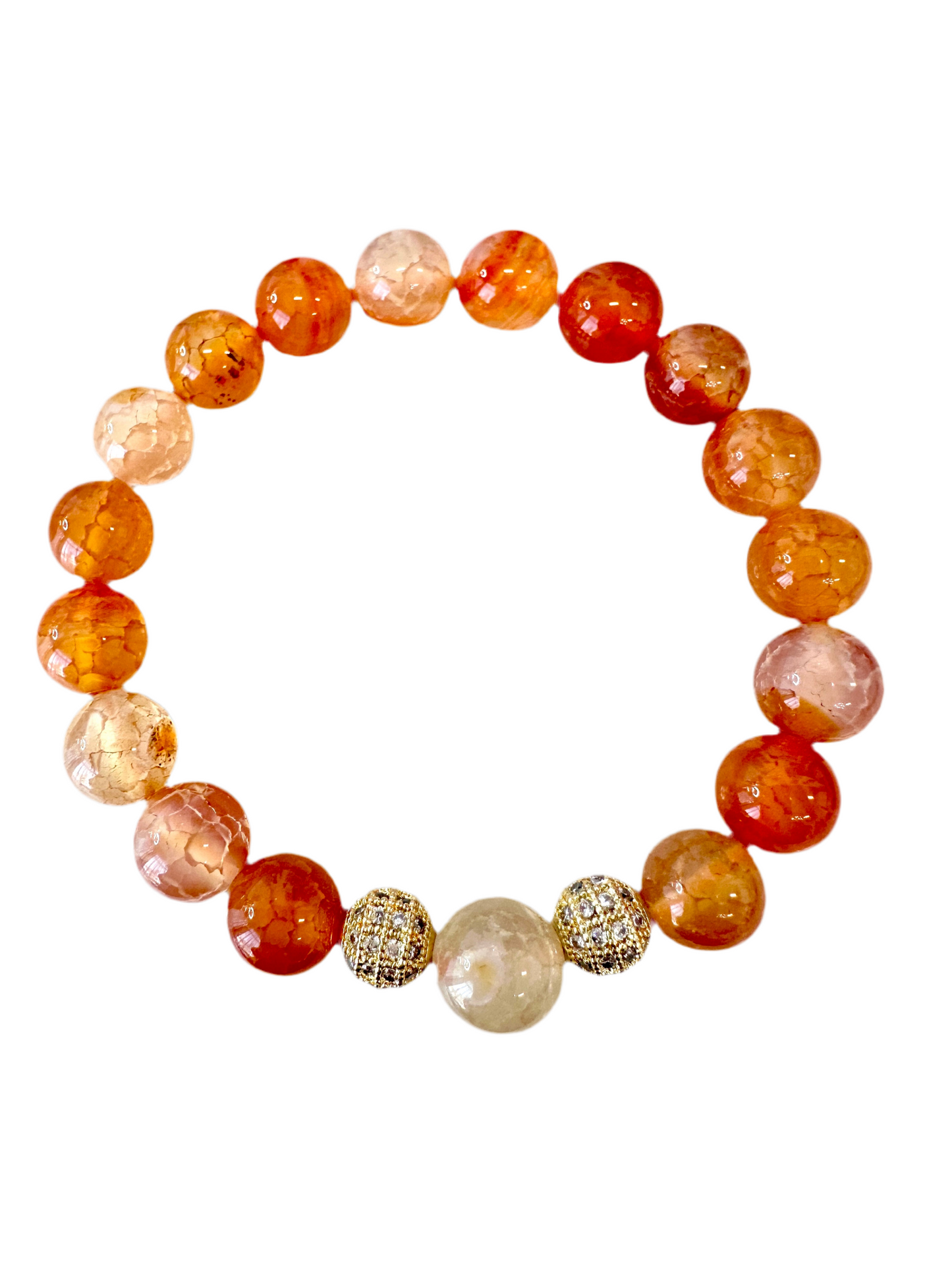 Fire Agate Stretch Beaded Bracelet is handmade with 10MM beads and shimmering gold spacers for a unique and detailed look. - Creations by Rosa