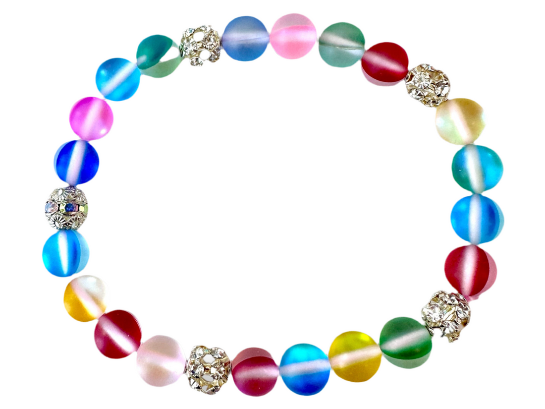 Matte Aurora Crystal Glass Beads stretch bracelet.