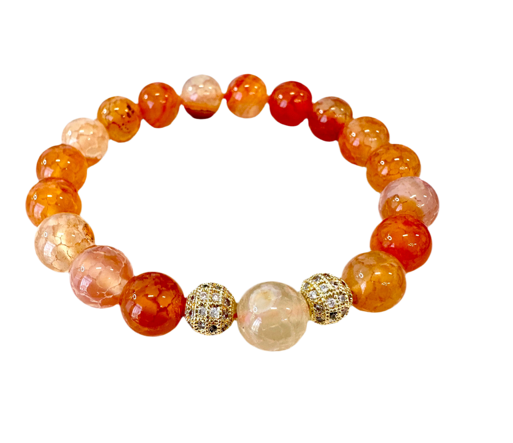 Fire Agate Stretch Beaded Bracelet is handmade with 10MM beads and shimmering gold spacers for a unique and detailed look. - Creations by Rosa