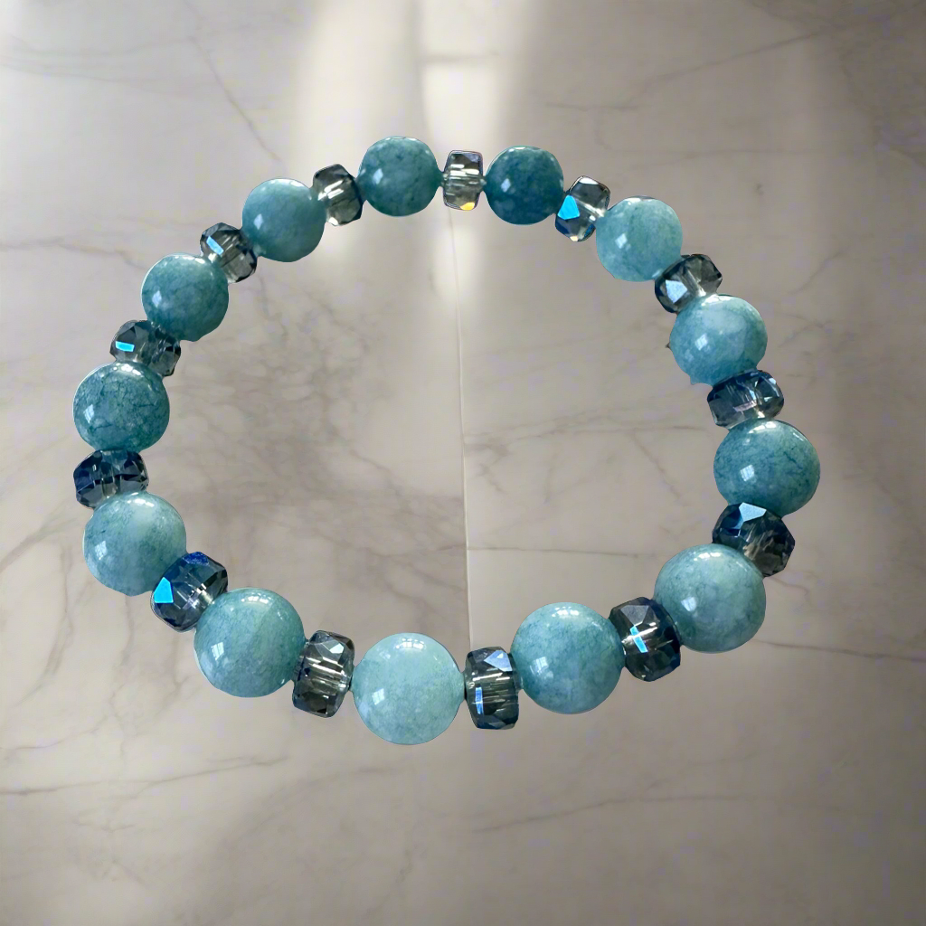 Blue Aquamarines Chalcedony with crystal glass spacers stretch bracelet