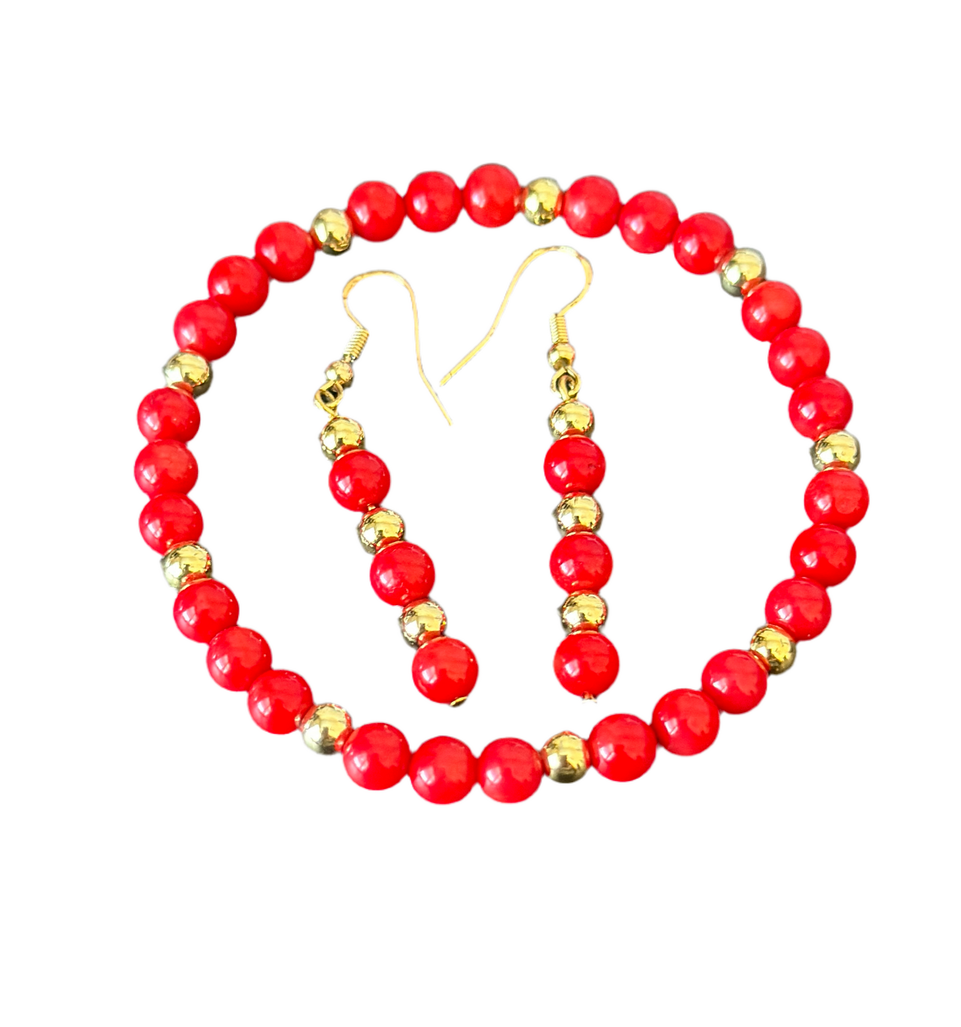 Red coral beads with 18 karat gold plated spaces stretch bracelet with earrings a set￼ - Creations by Rosa