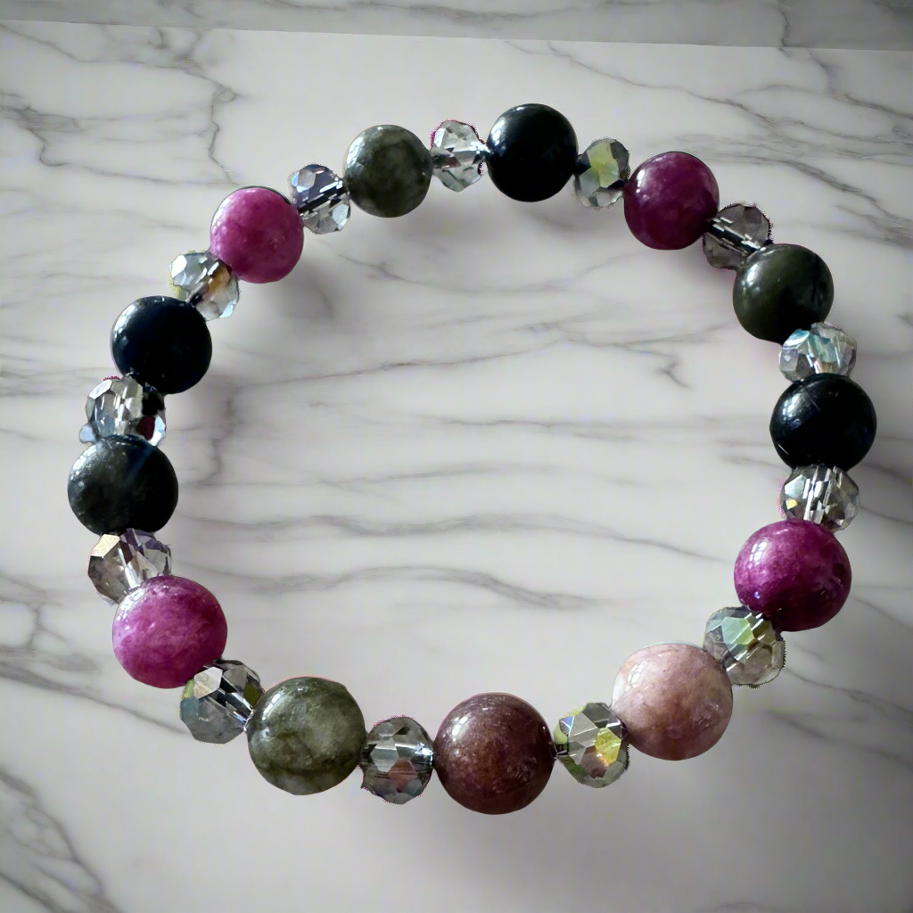 Tourmaline Jades with Crystal glass beads, stretch bracelet.