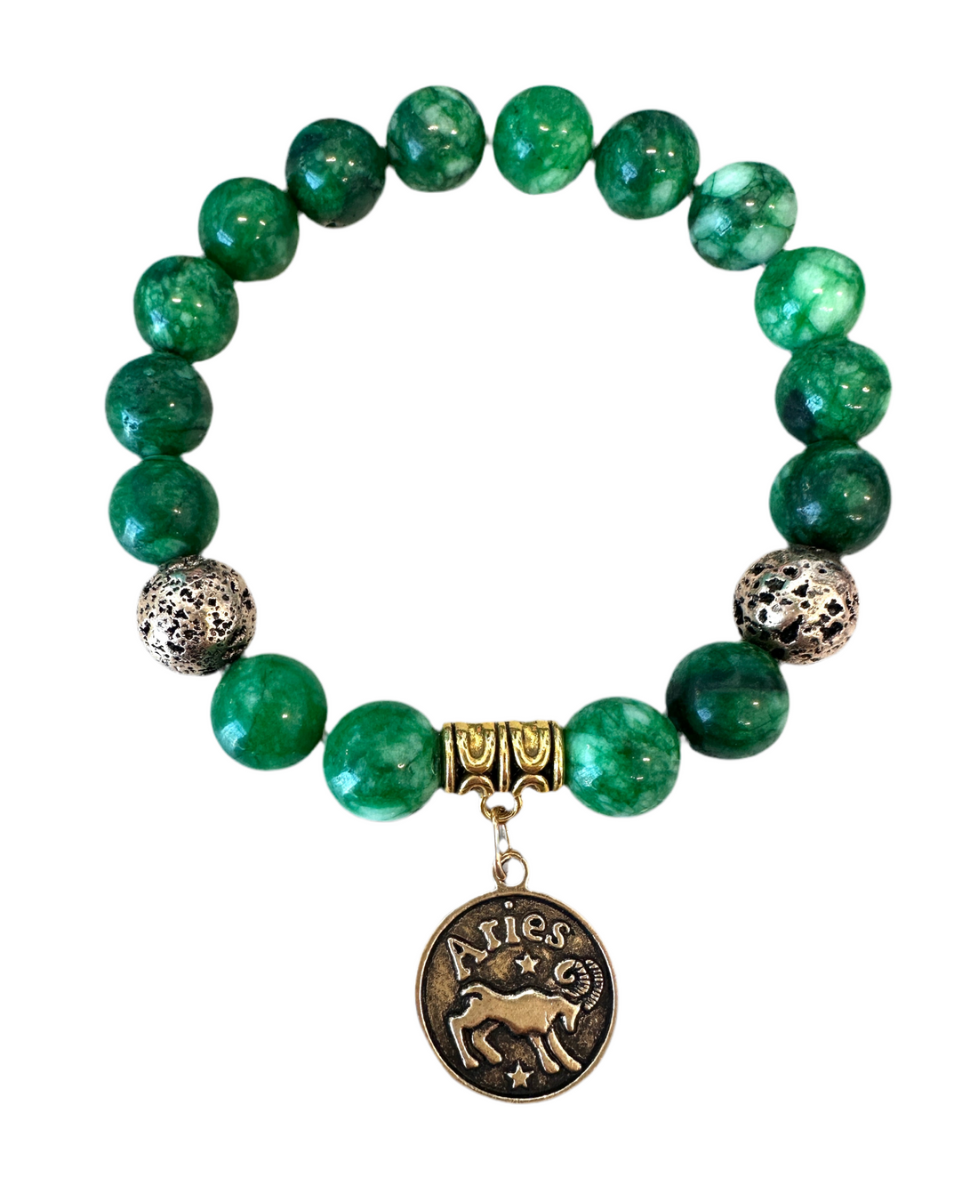 This elegant bracelet is crafted from natural Maw Sit Sit stone and features an ancient bronze volcanic rock bead, as well as a spacer with an Aries sign. An ideal accessory, this handmade piece of jewelry is sure to add a fashionable touch.