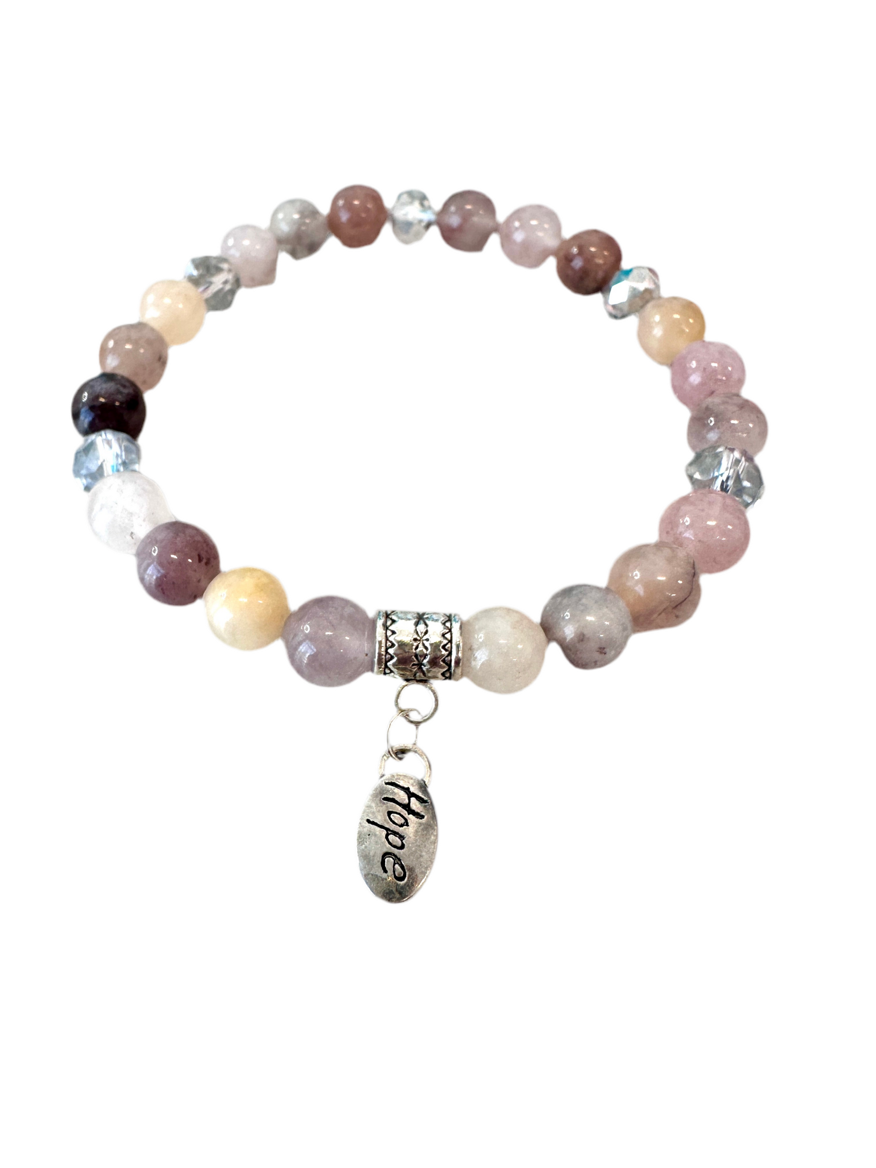 This delicate bracelet is handmade with a sterling silver HOPE pendant, 6 mm white silver rondelle Austrian crystal spacers, and 8 mm Morganite stretch beads.