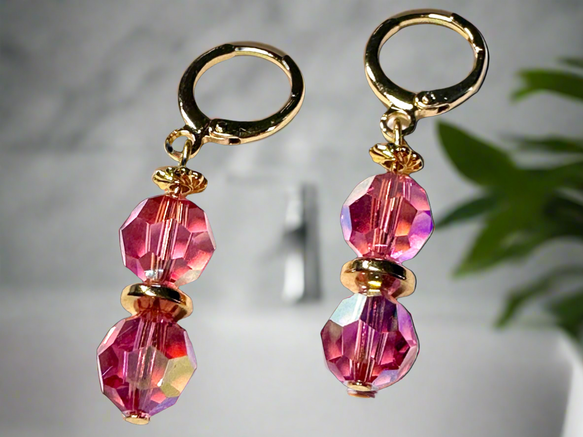 Faceted Round Rose (AB2X) 8mm Swarovski Crystal Earrings with Gold Plating. - Creations by Rosa