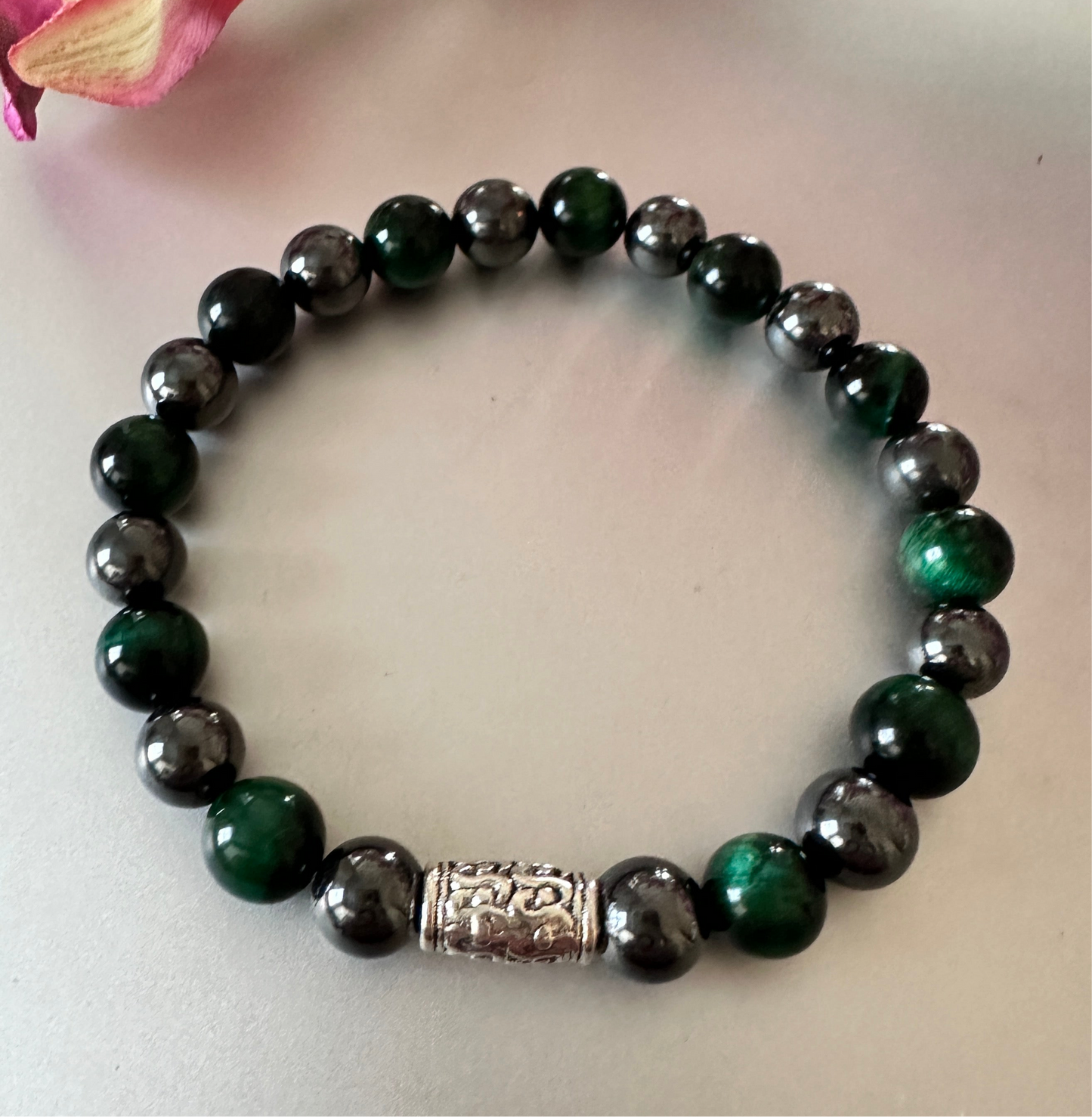 Hematite with green tigers eye bracelet.