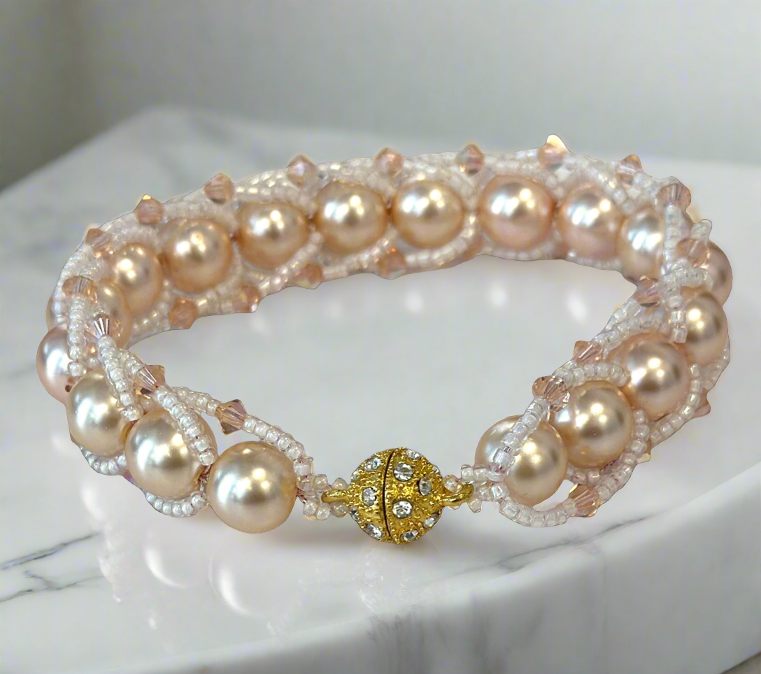 Flat-spiral bracelet with faux pearls and Miyuki seed beads bracelet with the magnetic clasp