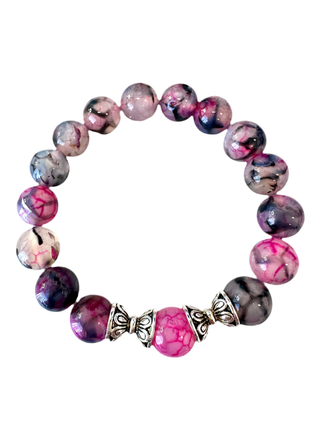 This handmade bracelet sports 10mm natural, high-grade beads, a secure stretchy cord, and a central agate dragon vein stone, complemented by two silver spacers.