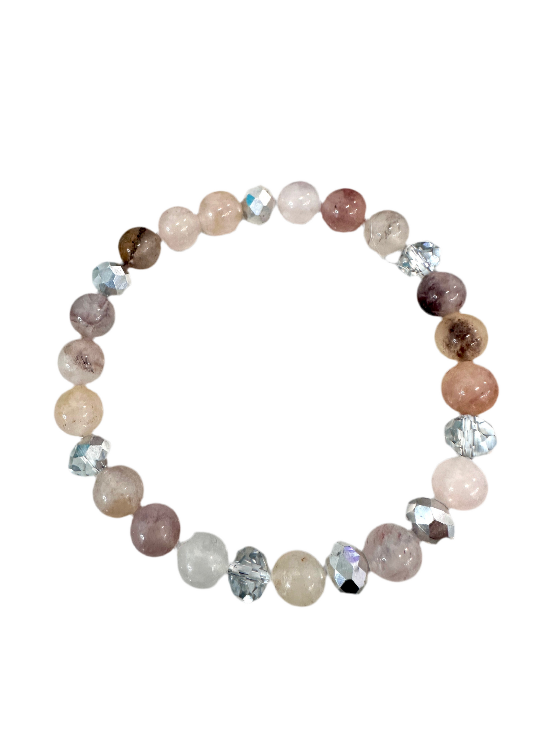 This delicate bracelet is handmade with a sterling silver HOPE pendant, 6 mm white silver rondelle Austrian crystal spacers, and 8 mm Morganite stretch beads.