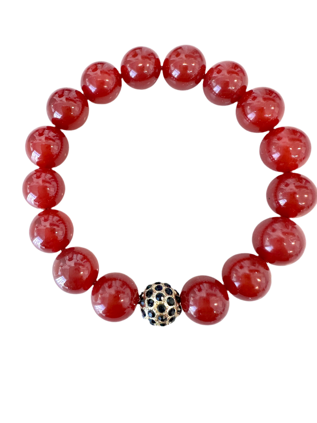 This 12M stretch bracelet is crafted with Red Onyx Agate Beads, cubic zirconia balls, and rhinestone spacers- a lovely combination fit for gifting to friends and family.