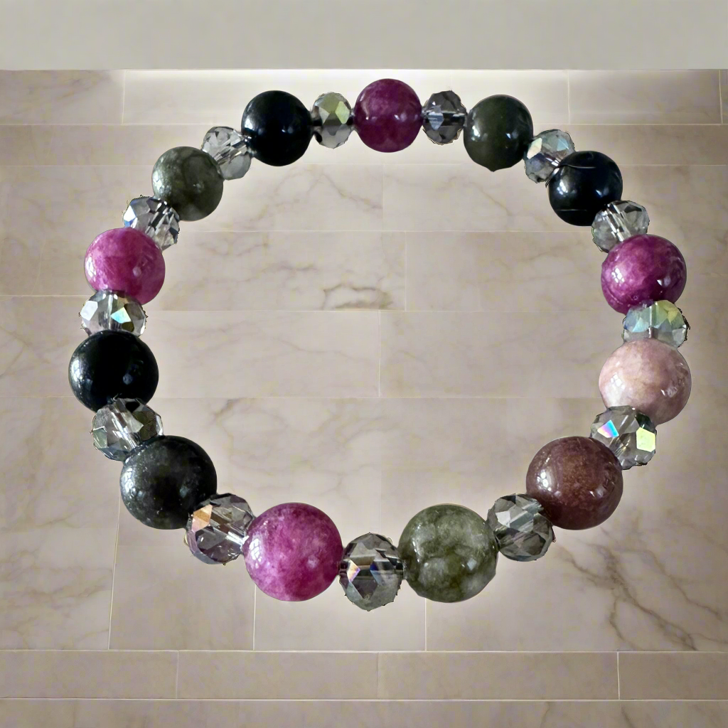 Tourmaline Jades with Crystal glass beads, stretch bracelet.