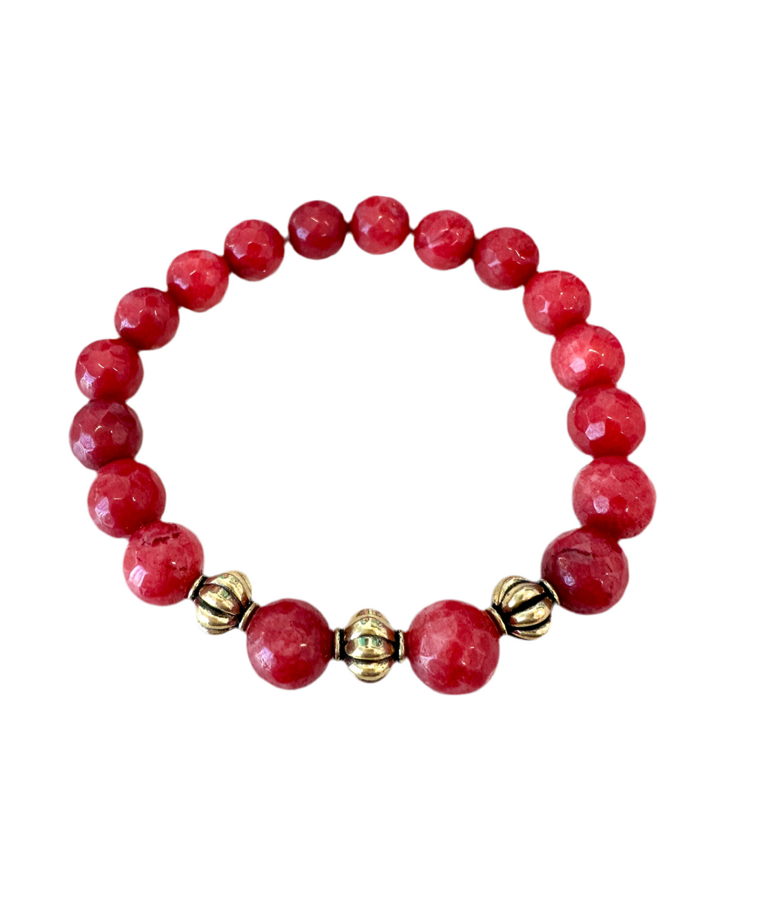 This Red Jade Beaded Gemstone Stretchy Bracelet is handmade and includes three spacers for enhanced visual appeal - making it the ideal present for friends and family.