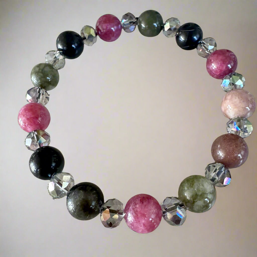 Tourmaline Jades with Crystal glass beads, stretch bracelet.