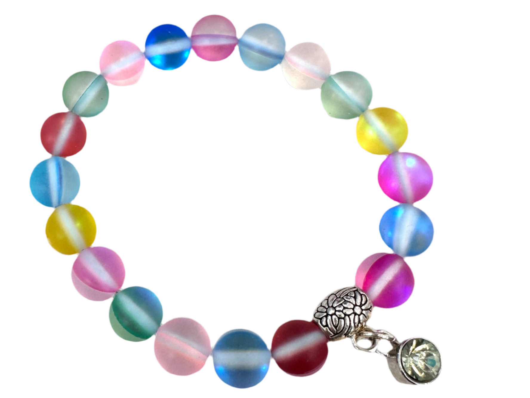 Matte Aurora Crystal Glass Beads stretch bracelet.